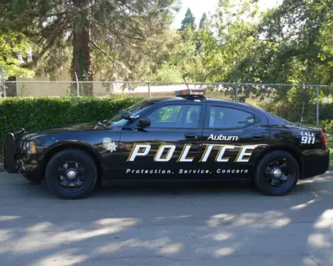 A white and black Dodge Charger police interceptor parked on a city street, with overhead emergency lights on the roof.