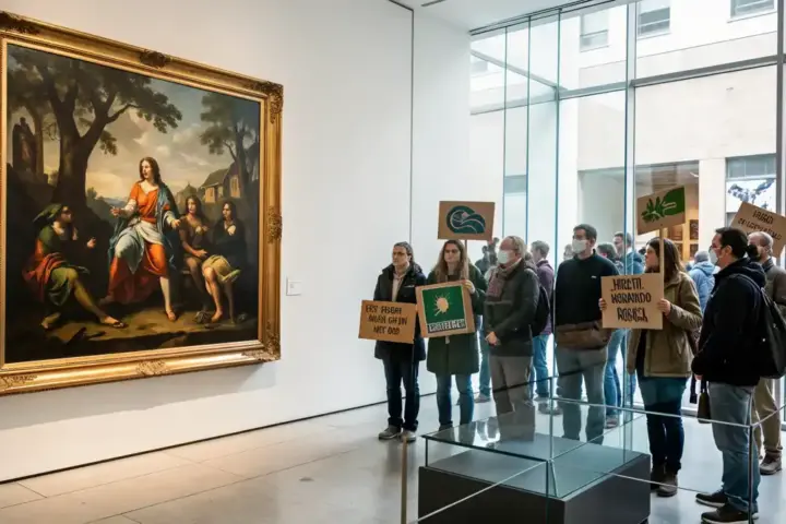 A famous oil painting in a museum gallery with a small group of protesters outside holding climate signs, glass reflection visible.