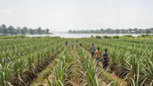 Sugarcane fields in Srirangapatna, Karnataka, India under a bright sky with distant hills.