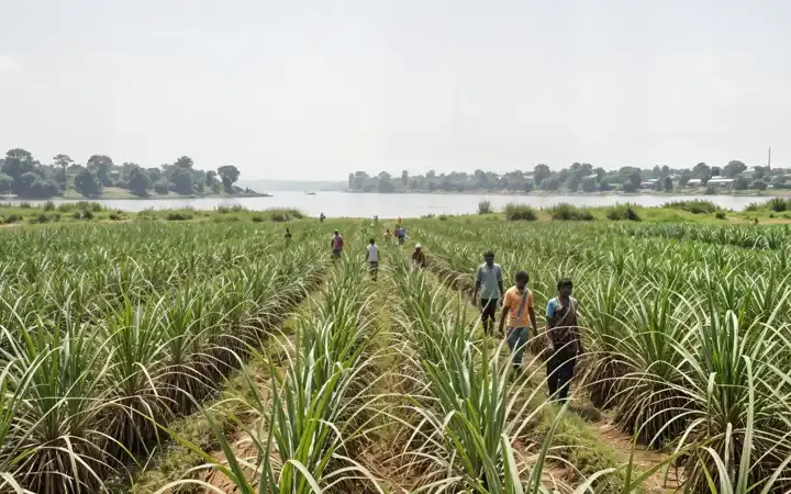Sugarcane fields in Srirangapatna, Karnataka, India under a bright sky with distant hills.