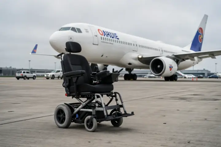 Power wheelchair on airport tarmac with airplane behind