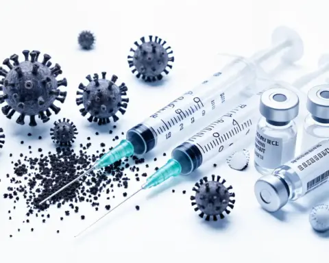Microscopic view of measles virus particles alongside vaccination syringes, representing Australia's immunity gap crisis, August 2026.