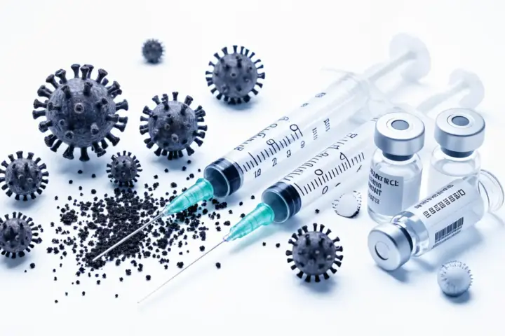 Microscopic view of measles virus particles alongside vaccination syringes, representing Australia's immunity gap crisis, August 2026.