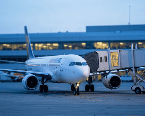 Commercial aircraft parked at an airport gate at dusk