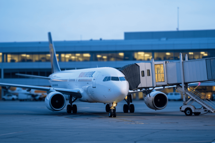 Commercial aircraft parked at an airport gate at dusk