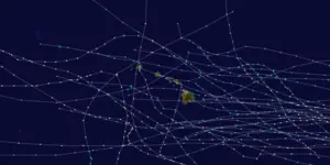 Map of Hawaii showing historical hurricane and tropical storm tracks, with colored lines indicating storm intensity and paths.