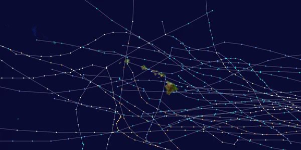 Map of Hawaii showing historical hurricane and tropical storm tracks, with colored lines indicating storm intensity and paths.