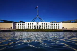 Australian Parliament House with national flag flying