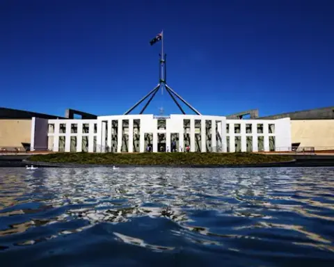 Australian Parliament House with national flag flying