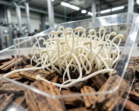 Close-up of white mycelium mushroom roots growing on wood chips in a transparent plastic-like mold, industrial factory background.