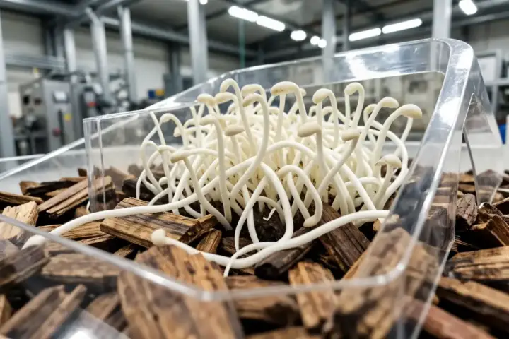 Close-up of white mycelium mushroom roots growing on wood chips in a transparent plastic-like mold, industrial factory background.