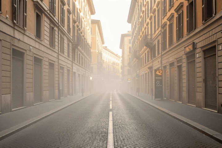Empty street in Rome with shutters closed during heatwave