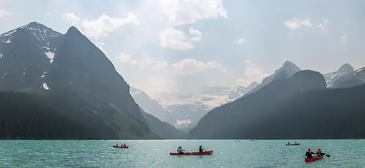 Lake Louise obscured by wildfire smoke, Banff National Park, Alberta, Canada