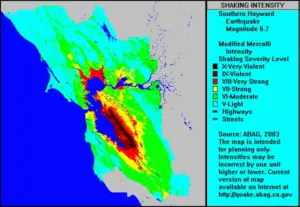 A USGS/ABAG ShakeMap showing ground motion intensity around the Hayward Fault Zone, with color-coded bands from the San Francisco Bay Area.