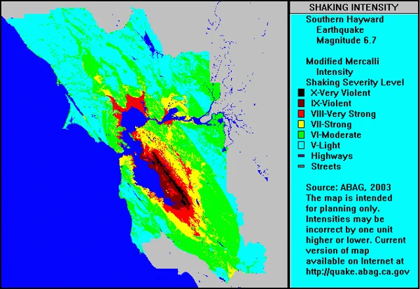 A USGS/ABAG ShakeMap showing ground motion intensity around the Hayward Fault Zone, with color-coded bands from the San Francisco Bay Area.