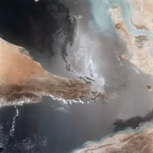 Aerial view of the Strait of Hormuz between Iran and the Arabian Peninsula
