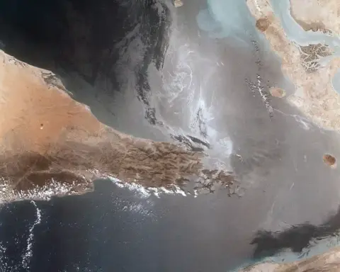 Aerial view of the Strait of Hormuz between Iran and the Arabian Peninsula