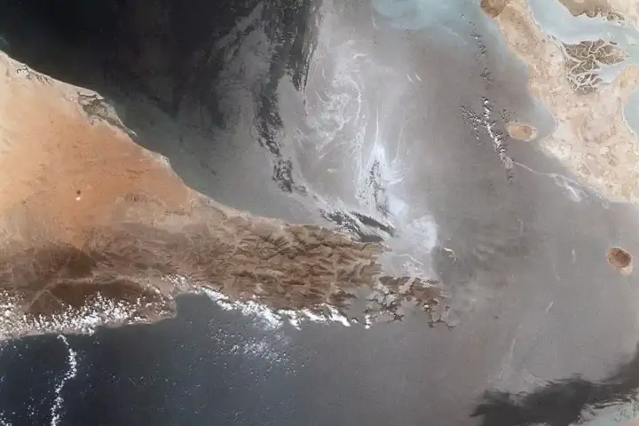 Aerial view of the Strait of Hormuz between Iran and the Arabian Peninsula