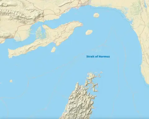 Map of the Strait of Hormuz showing major shipping lanes and surrounding geography