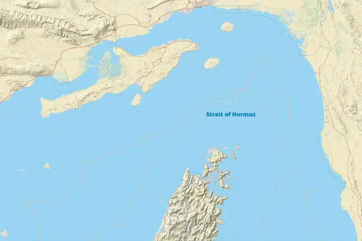 Map of the Strait of Hormuz showing major shipping lanes and surrounding geography
