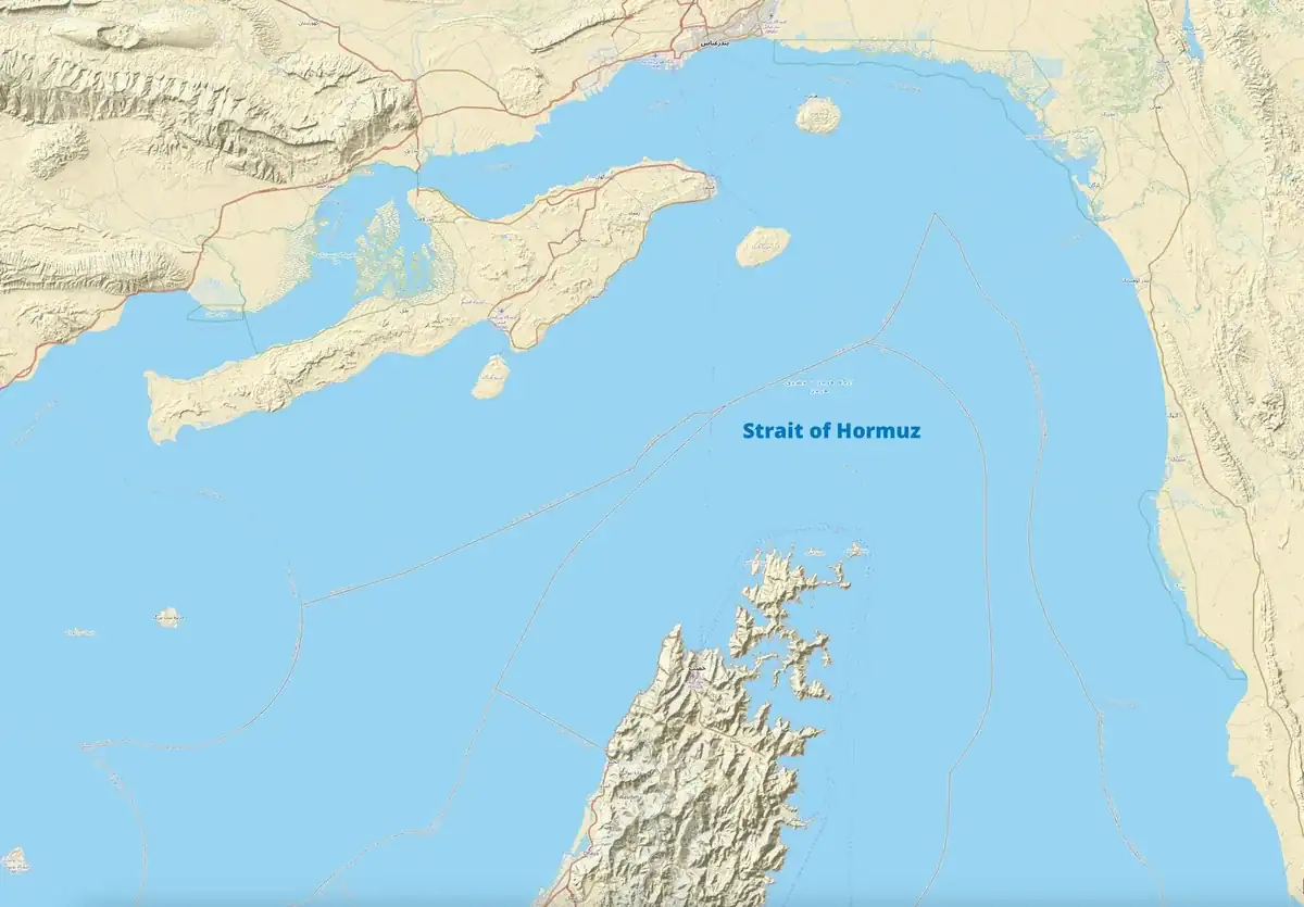 Map of the Strait of Hormuz showing major shipping lanes and surrounding geography