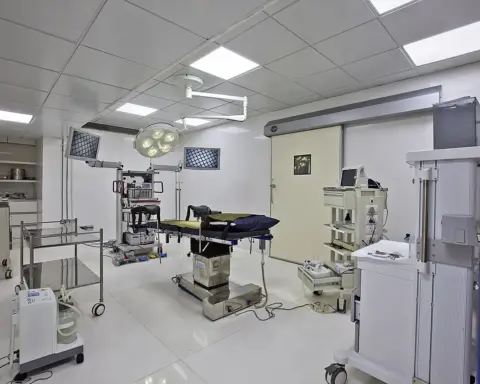 Empty hospital operating theatre with surgical table, overhead multi-head surgical lamp and anaesthesia equipment.