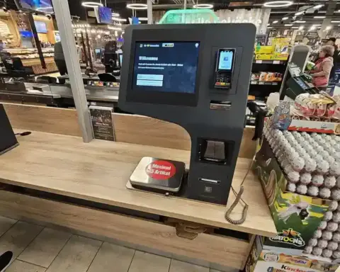 Self-checkout kiosk inside a supermarket aisle