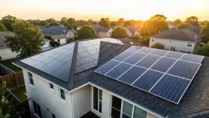 House with solar roof tiles and traditional panels