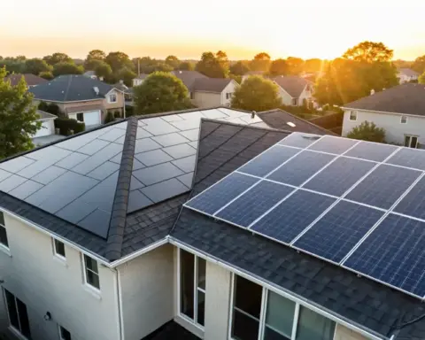 House with solar roof tiles and traditional panels