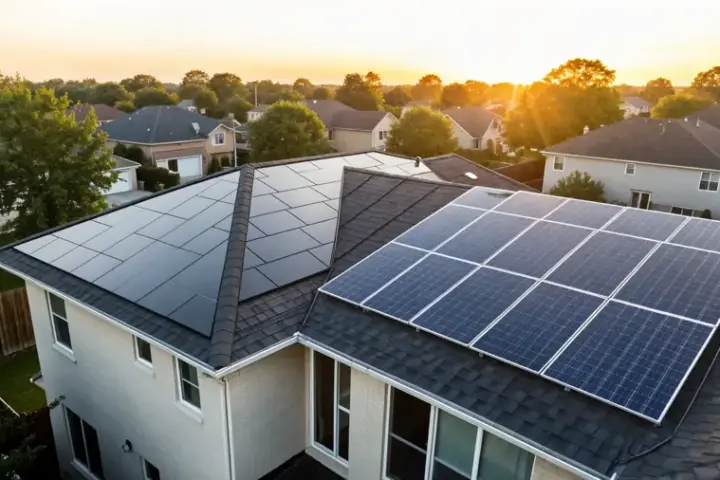 House with solar roof tiles and traditional panels