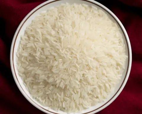 Close-up of uncooked white Thai jasmine rice grains, the type subject to the Lundberg recall.