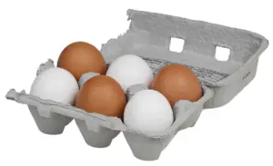 Six chicken eggs, three brown and three white, in an open grey paper pulp half-dozen carton