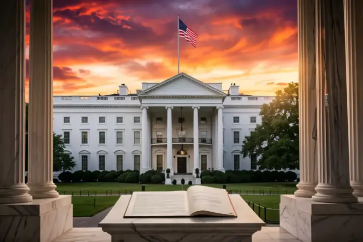 The White House building in Washington DC at sunset