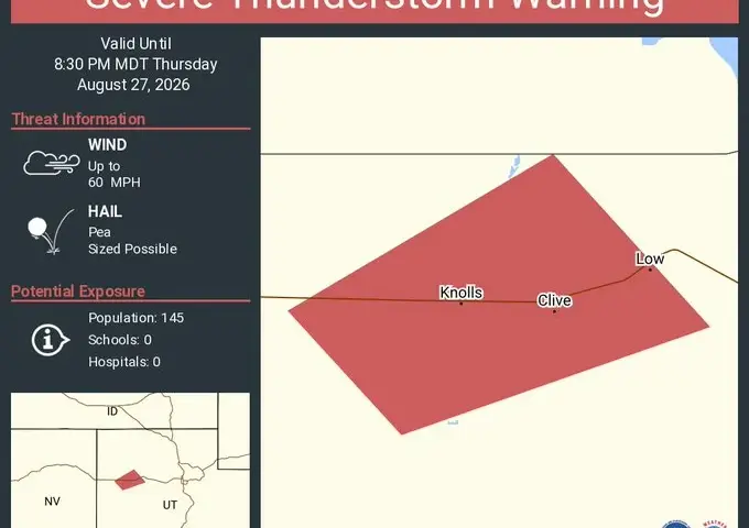 NWS severe thunderstorm warning for Clive UT, Knolls UT, Low UT — August 27, 2026. Wind up to 60 MPH, pea-sized hail possible.