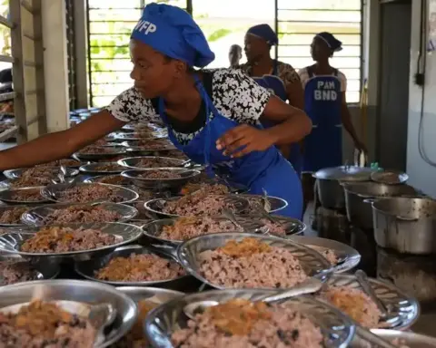 Cooks preparing meals for students in a school kitchen.
