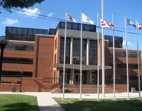 Virginia State University campus building with modern architecture and landscaping
