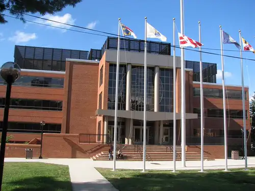 Virginia State University campus building with modern architecture and landscaping