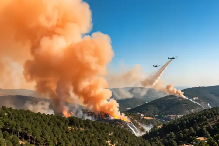 Massive wildfire burning forested hillsides in southern France with thick orange smoke and firefighting aircraft in the distance