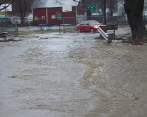 Floodwater covers a roadway in eastern New York during a previous nor’easter.