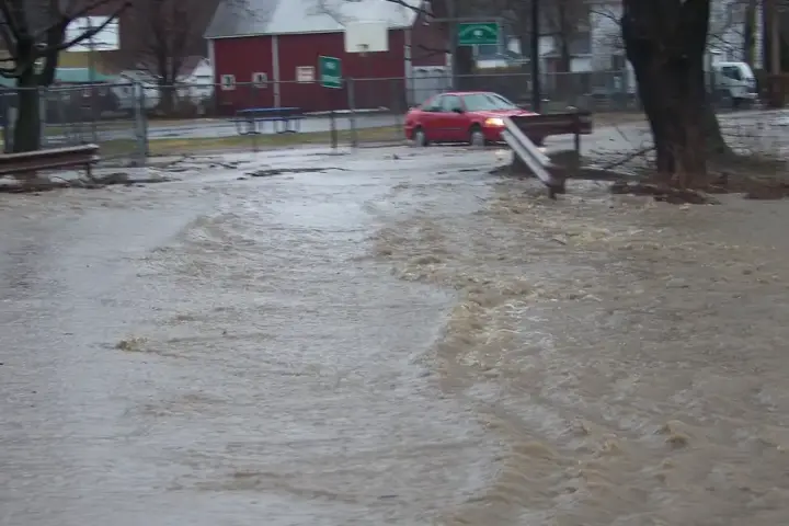 Floodwater covers a roadway in eastern New York during a previous nor’easter.