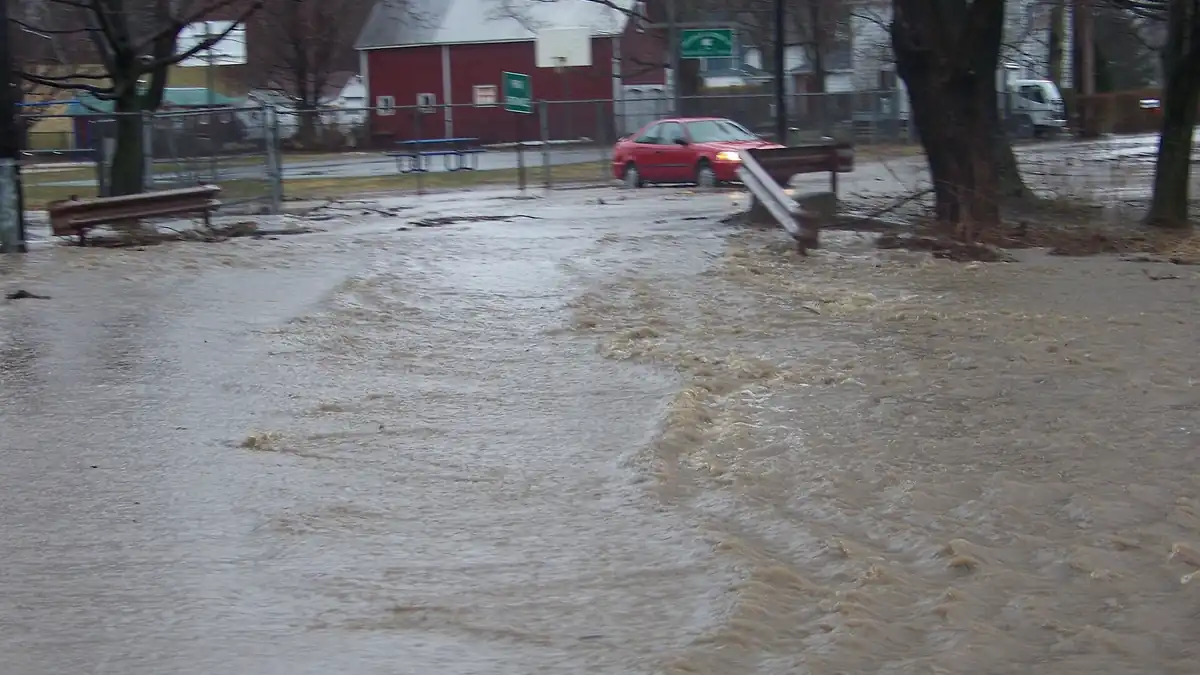 Floodwater covers a roadway in eastern New York during a previous nor’easter.