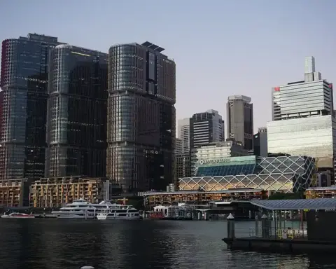 Exterior view of modern commercial office towers in Barangaroo, Sydney, housing major corporate professional firms.
