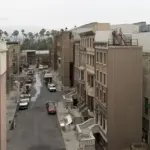 Paramount Pictures studio backlot street set in Hollywood with building facades and production roadway