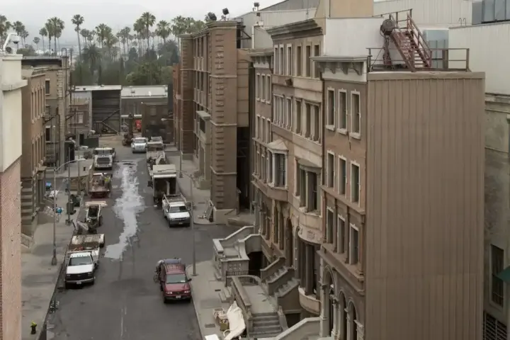 Paramount Pictures studio backlot street set in Hollywood with building facades and production roadway
