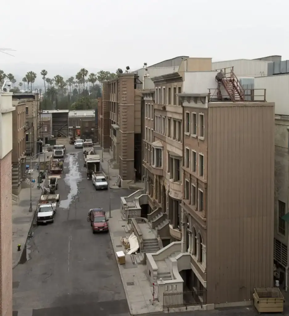 Paramount Pictures studio backlot street set in Hollywood with building facades and production roadway
