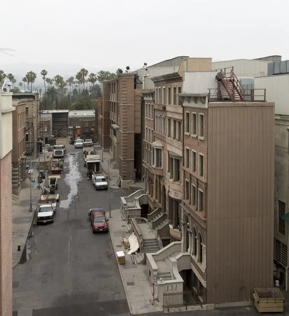 Paramount Pictures studio backlot street set in Hollywood with building facades and production roadway