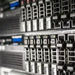 Server equipment arranged in a rack in a data center environment.