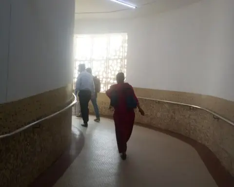 Exterior view of the multi-story Rajkumari Amrit Kaur OPD facility at the AIIMS medical complex in New Delhi.