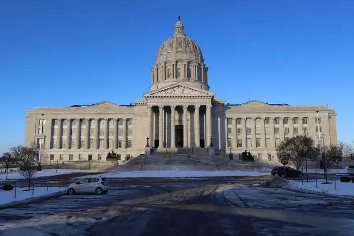 Front exterior of the Missouri State Capitol in Jefferson City.