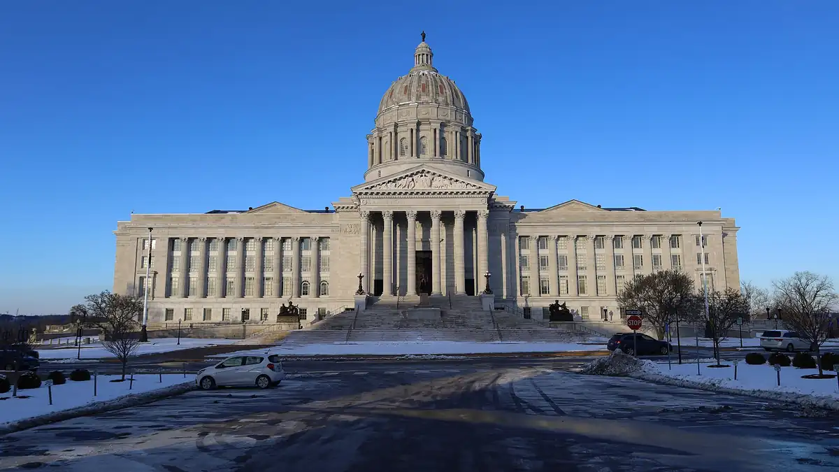 Front exterior of the Missouri State Capitol in Jefferson City.